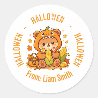 Pegatina Redonda Calabaza de oso lindo con nombre personalizado de