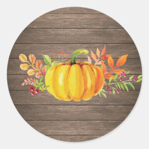 Pegatina Redonda Calabaza de Otoño Acuarela Rústica