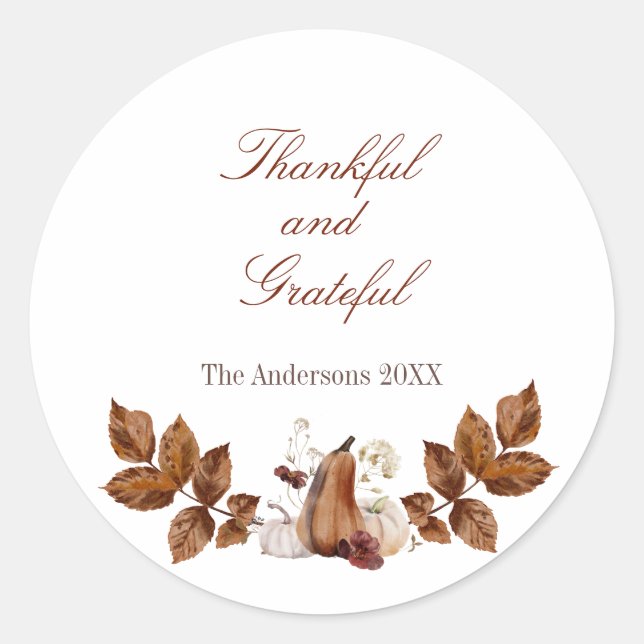 Pegatina Redonda Calabaza de otoño de acuarela rusa gracias (Anverso)