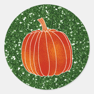 Pegatina Redonda Calabaza de otoño naranja brillante verde brillo F