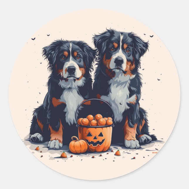 Pegatina Redonda Calabaza de perros de montaña de Halloween Bernese (Anverso)