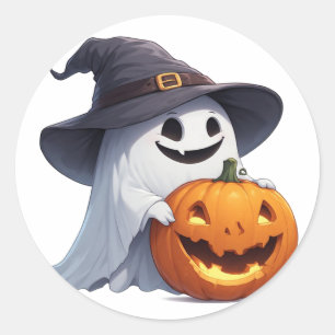 Pegatina Redonda Calabaza de sombrero de bruja fantasma Acento de f