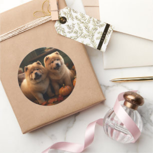 Pegatina Redonda Calabaza deslumbrante Chow Chow Puppy Autumn