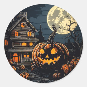 Pegatina Redonda calabaza en la aldea de Halloween