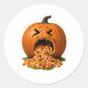 Pegatina Redonda Calabaza Enferma Vomitando Caramelo De Maíz Vinyl 