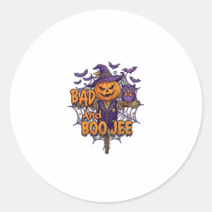 Pegatina Redonda Calabaza Espantapájaros Búho Morado Murciélagos Ma