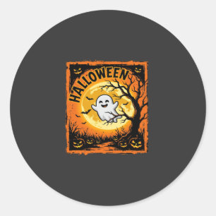 Pegatina Redonda Calabaza Fantasma de Halloween Árbol Embrujado