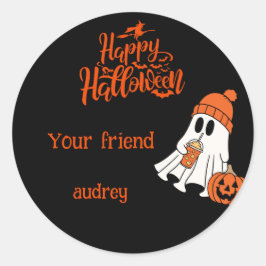 Pegatina Redonda Calabaza Fantasma Feliz Halloween Boo Personalizad