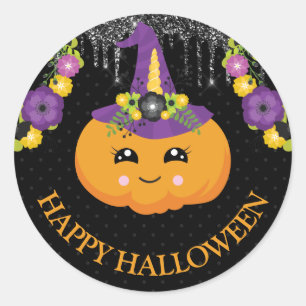 Pegatina Redonda Calabaza Floral Adorable y Purpurina Halloween