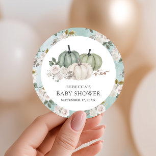 Pegatina Redonda Calabaza Floral Otoño Verde Salvia Baby Shower