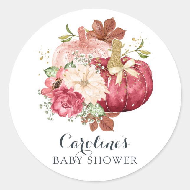Pegatina Redonda Calabaza floral Rubor Marsala Baby Shower (Anverso)