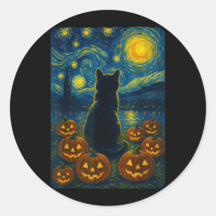 Pegatina Redonda Calabaza Gato Negro Halloween Van Gogh Noche Estre
