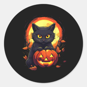 Pegatina Redonda Calabaza Gato Negro Halloween Vintage Costuma para