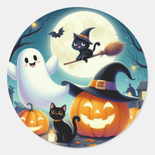 Pegatina Redonda Calabaza, gato y fantasma de Halloween.
