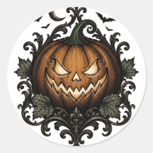 Pegatina Redonda Calabaza gótica malvada de Jack O Lantern de Hallo