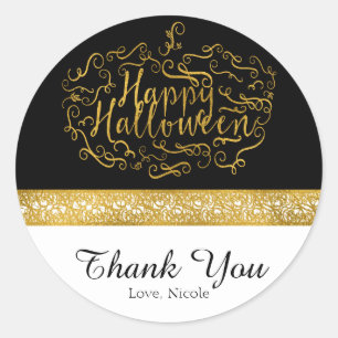 Pegatina Redonda Calabaza Halloween Elegante Black White Gold Favor