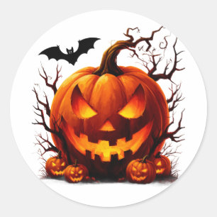 Pegatina Redonda Calabaza Jack O Lantern Embrujada Con Ojos Brillan