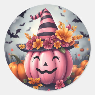 Pegatina Redonda Calabaza Jack-o-lantern rosa bonita de Halloween