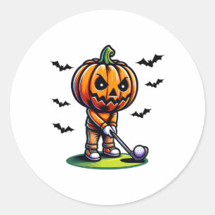 Pegatina Redonda Calabaza Jugando Golf Halloween Deportes Funny Y S