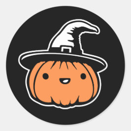 Pegatina Redonda Calabaza Kawaii Lindo Que Lleva Sombrero De Bruja