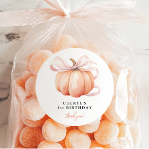 Pegatina Redonda Calabaza Naranja Lazo Rosa Cumpleaños 1