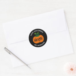 Pegatina Redonda Calabaza naranja negra de Halloween malvada feliz