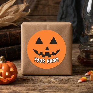Pegatina Redonda Calabaza Naranja Personalizada de Halloween con Tu