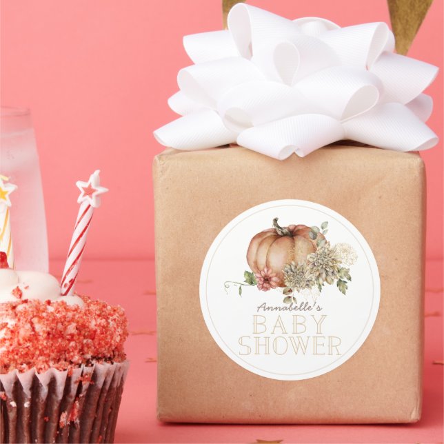 Pegatina Redonda Calabaza naranja y Baby Shower Dahlia blanca (Fiesta)