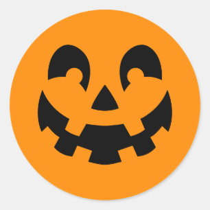 Pegatina Redonda Calabaza Negra Simple Cara en Naranja Halloween