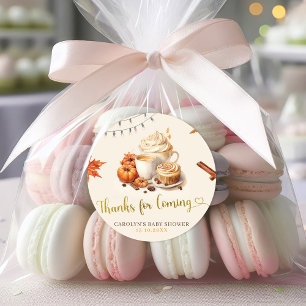 Pegatina Redonda Calabaza otoñal está preparando café Gracias Pegat