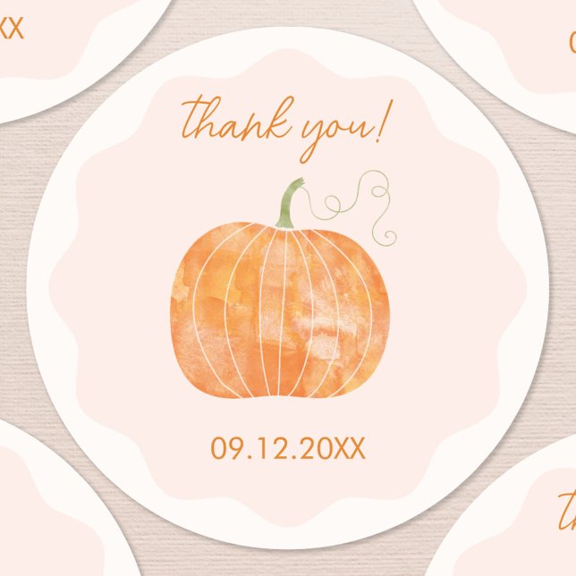 Pegatina Redonda Calabaza Otoño Caída Gracias Fecha (Pumpkin autumn fall thank you sticker with custom date)