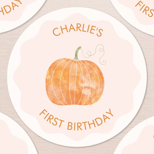 Pegatina Redonda Calabaza Otoño Personalizado Primer Primer Cumplea (Cute watercolor pumpkin autumn fall personalized first birthday stickers)