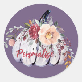 Pegatina Redonda Calabaza púrpura de otoño acuarela floral gris