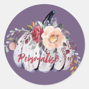 Pegatina Redonda Calabaza púrpura de otoño acuarela floral gris