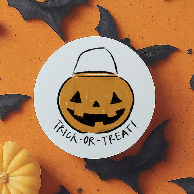 Pegatina Redonda Calabaza retro Naranja ilustrada de truco o tratam (Trick or Treat Illustrated Orange Retro Pumpkin Classic Round Sticker)