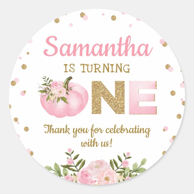 Pegatina Redonda Calabaza rosa Primer cumpleaños favorece a la flor (Anverso)
