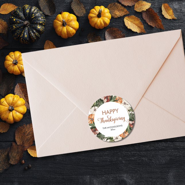 Pegatina Redonda Calabaza Rustica Feliz Día de Gracias (Rustic Happy Thanksgiving Pumpkin Classic Round Sticker
)