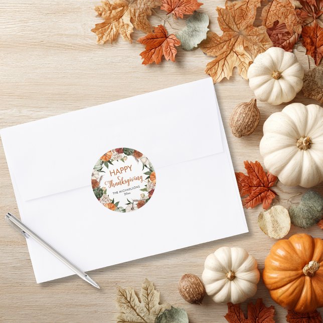 Pegatina Redonda Calabaza Rustica Feliz Día de Gracias (Rustic Happy Thanksgiving Pumpkin Classic Round Sticker)
