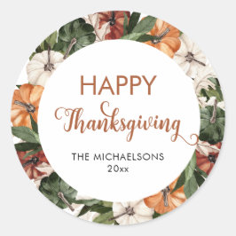 Pegatina Redonda Calabaza Rustica Feliz Día de Gracias