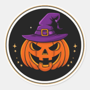 Pegatina Redonda Calabaza Sonriente Bruja Sombrero Halloween 🎃
