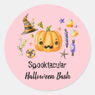 Pegatina Redonda Calabaza Spooktacular Halloween Bash Fiesta Rosa