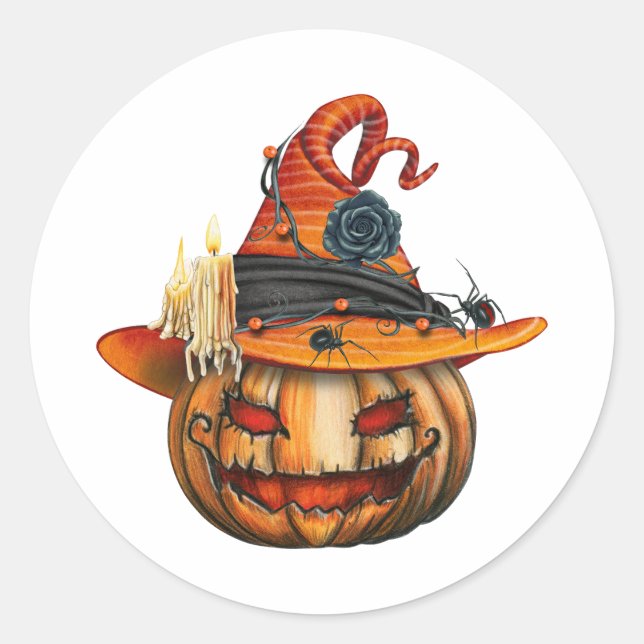 Pegatina Redonda Calabaza y arañas esculpidas de Halloween muy ater (Anverso)
