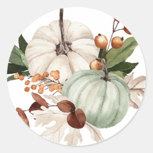 Pegatina Redonda Calabazas blancas y verdes de Thanksgiving