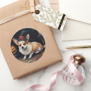 Pegatina Redonda Calabazas Corgi Halloween Espeluznante