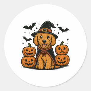 Pegatina Redonda Calabazas de brujas de Golden Doodle Halloween dan
