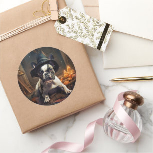 Pegatina Redonda Calabazas de Bulldog francés asustan a Halloween