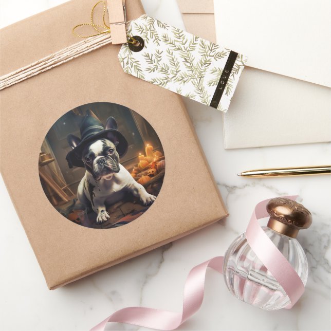 Pegatina Redonda Calabazas de Bulldog francés asustan a Halloween (Regalar)