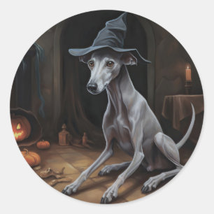 Pegatina Redonda Calabazas de galgo italiano de Halloween aterrador