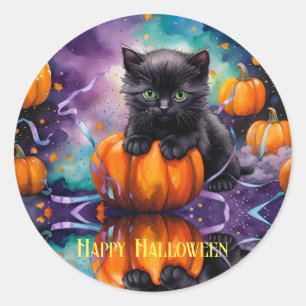 Pegatina Redonda Calabazas de gatito negro y cinta de opciones