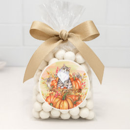 Pegatina Redonda Calabazas de gato Otoño Otoño Naranja Blanco